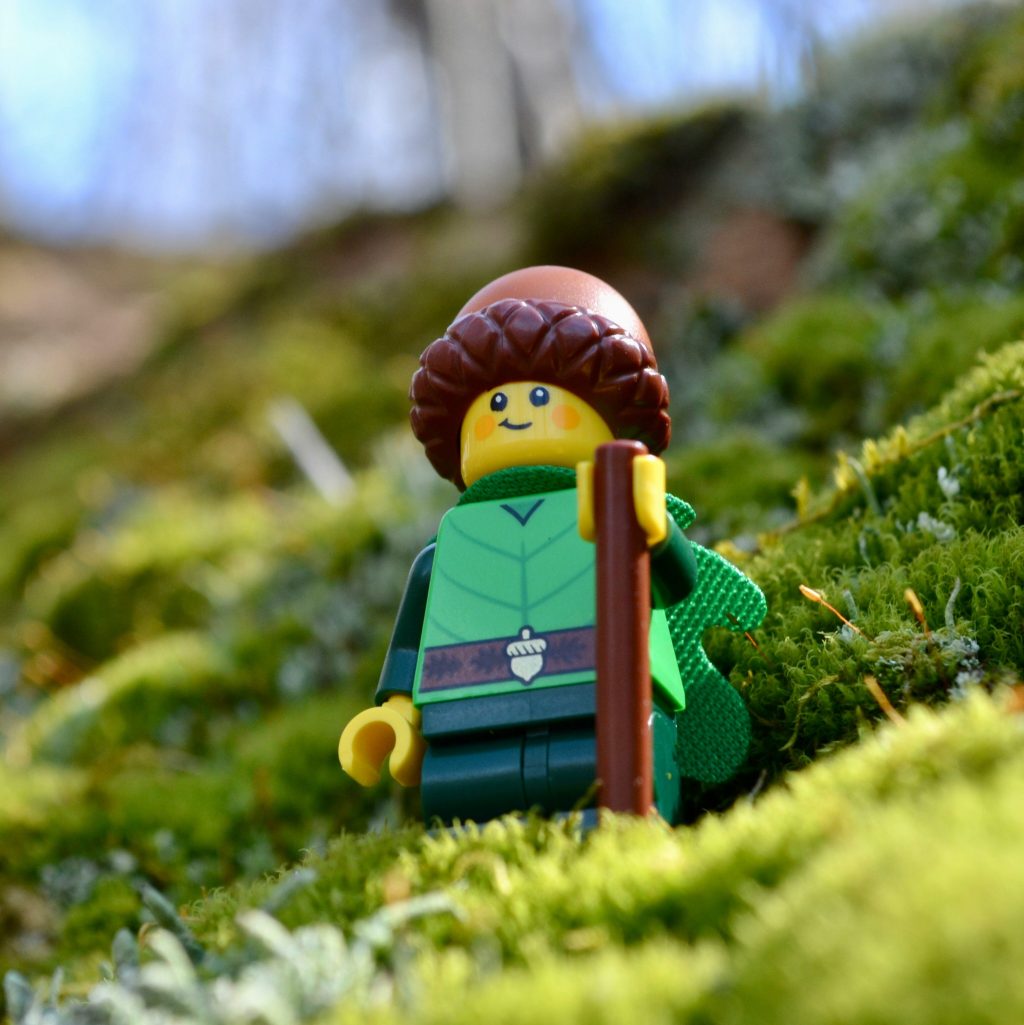Lego person with acorn hat outside