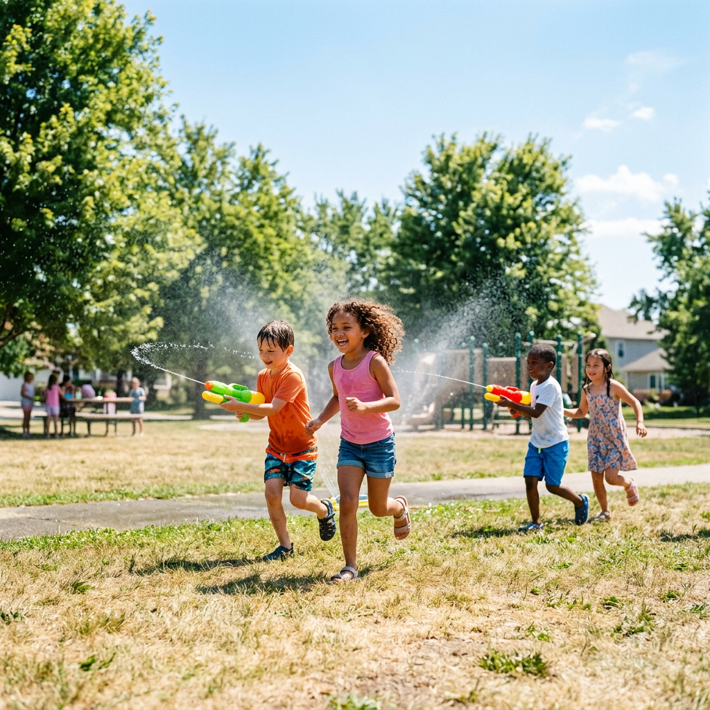 Four children running on grass spraying water with water guns on a sunny day